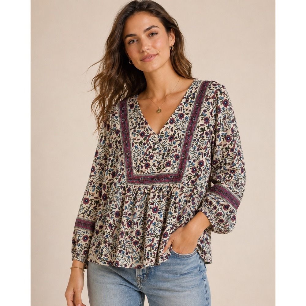 Lucky Brand XL Floral Babydoll Top Boho Peasant Henley Cottagecore
